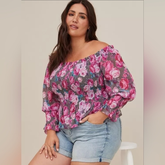 Torrid Floral Off-Shoulder Top - Pink And Grey - Picture 1 of 7